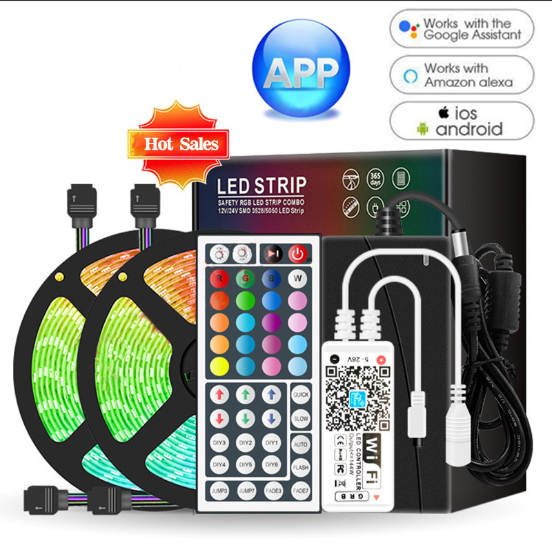 DC12V 16.4ft/5M 5050RGB WIFI Smart App Control LED Light Strip Kit With 44 keys Infrared Remote Controller, 30LEDs/M, Dimmable Color Light Strip